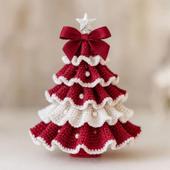 Handmade Crochet Christmas Tree DIY Xmas Tree Crochet Craft Starter Set with Bow And Faux Pearl for Beginners Knitting Holiday Decoration