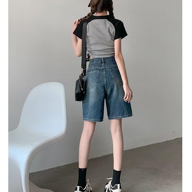 Свободные джинсовые шорты, женские прямые повседневные брюки с высокой талией, летние джинсы в корейском стиле, уличная одежда