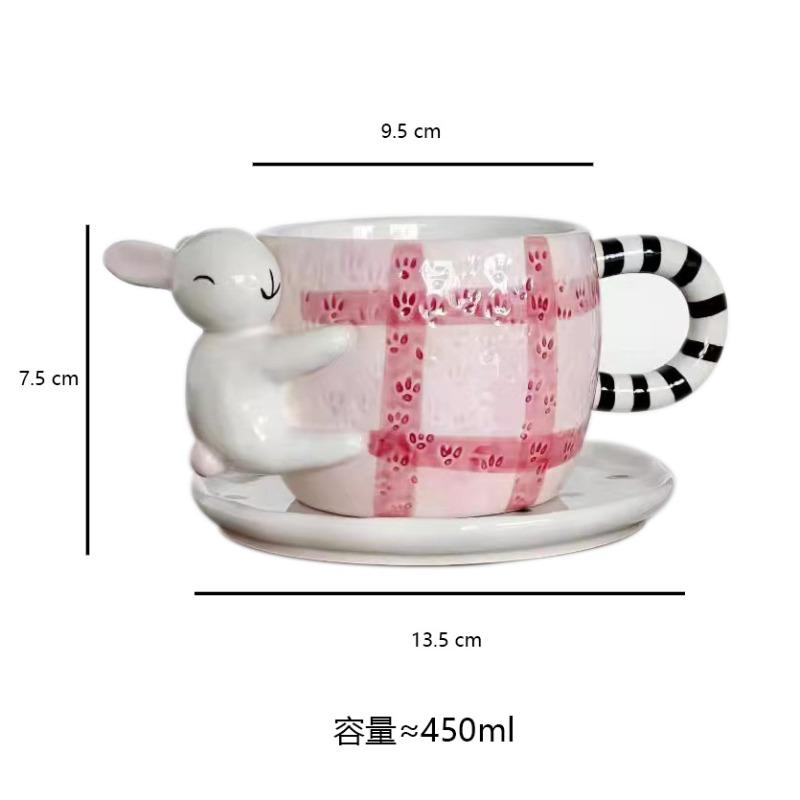 BR450ml Ceramic Hand-painted Coffee Cup Set Japanese Cute Hug Rabbit Three-dimensional Cup with Dish Children's Beverage Water CupEY