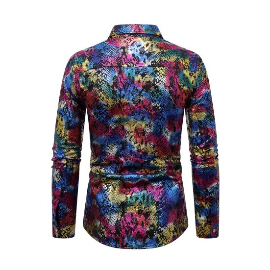 Мужская клубная рубашка с принтом под змеиную кожу, отложным воротником, облегающая рубашка на пуговицах с длинным рукавом, одежда для выступлений в ночном клубе