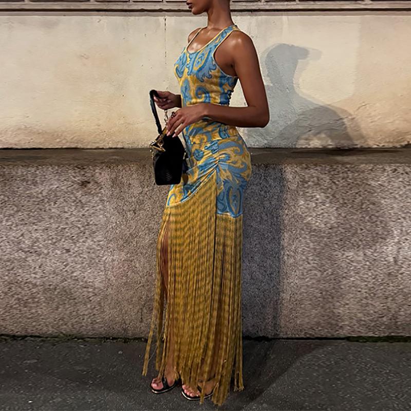 Leisure Contrast Color Tassel Hem Evening Dress Elegant High Waist Vacation Dress Retros Pattern Printed Slim Long Sling Dress