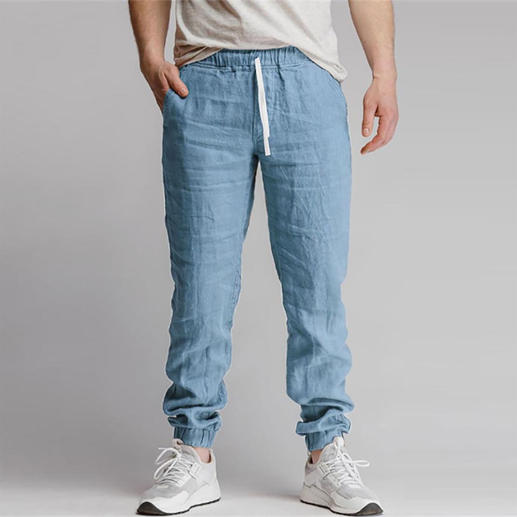 Новые мужские однотонные спортивные повседневные дышащие брюки из хлопка и льна со шнурком