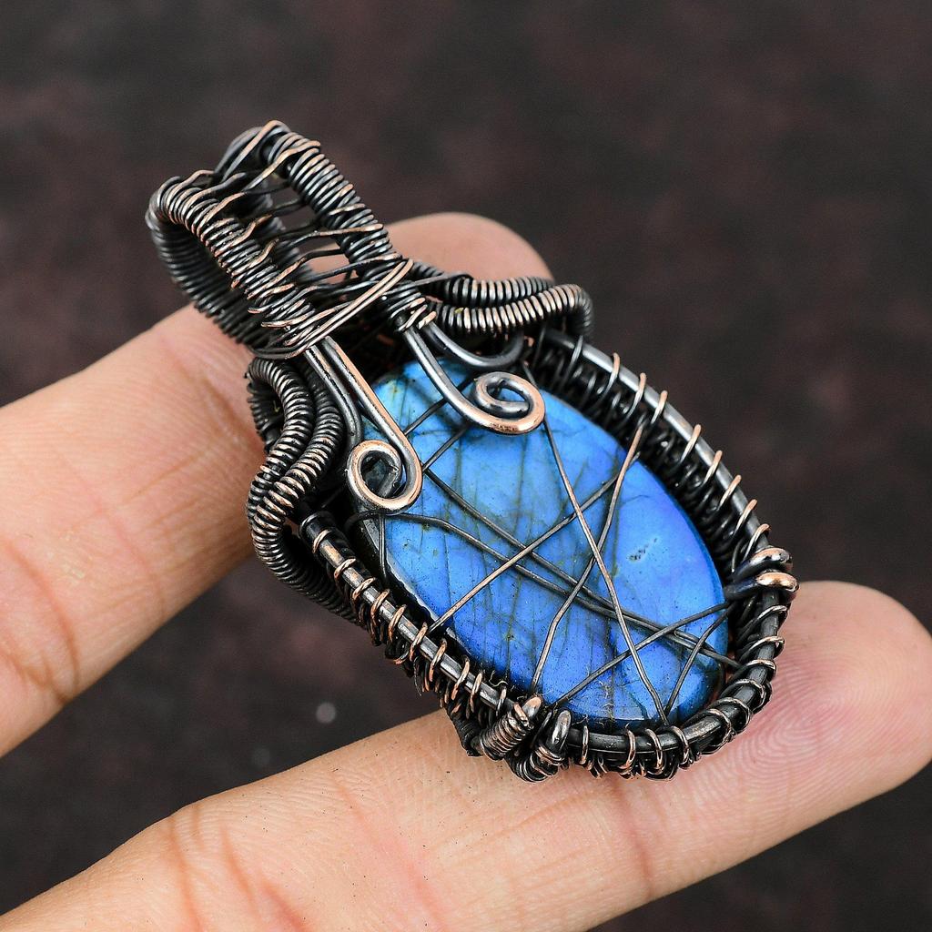 Подвеска из медной проволоки с лабрадоритом, подвеска из драгоценного камня ручной работы, дизайнерская подвеска из медного лабрадорита для женщин, ювелирные изделия с проволочной обмоткой