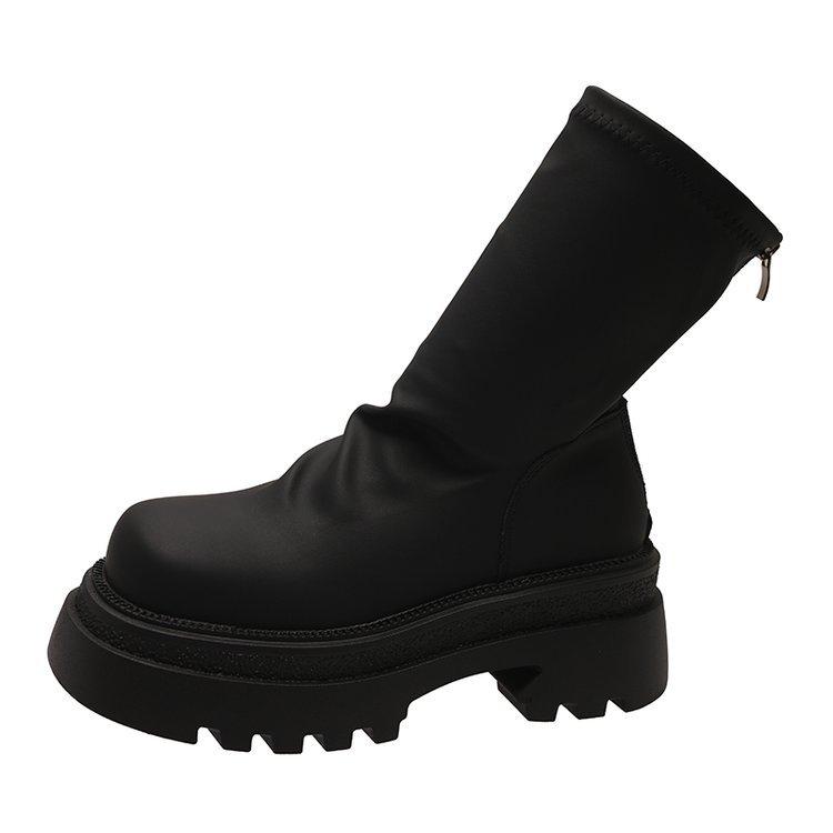 Coarse heel short boots women's autumn and winter new thick-soled pleated piled boots fashionable small elastic thin Martin boots