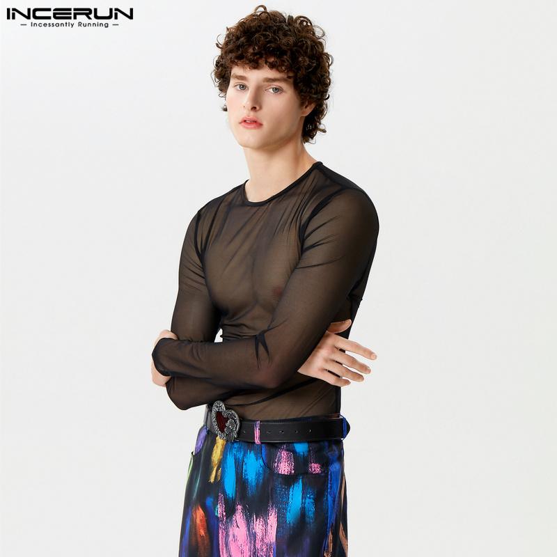 INCERUN Мужские прозрачные топы в сеточку с круглым вырезом и длинными рукавами