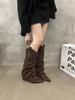 2024 толстый каблук темперамент морщинистые, но с каблуком до колена сапоги женские осенние новые остроносые V-образные ретро сапоги на высоком каблуке