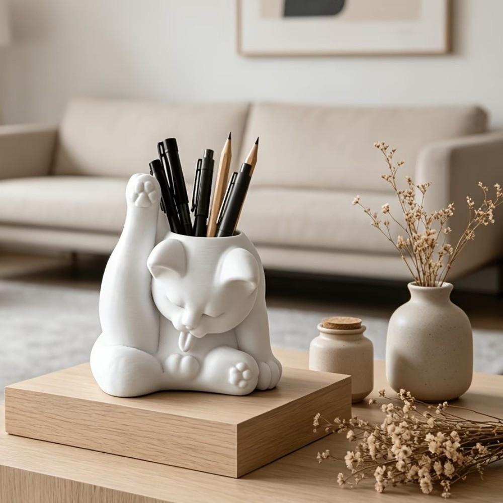 Funny Makeup Brush Holder 3D Printed Desk Storage Box Licking Paw Cat Statue  Stationery Storage