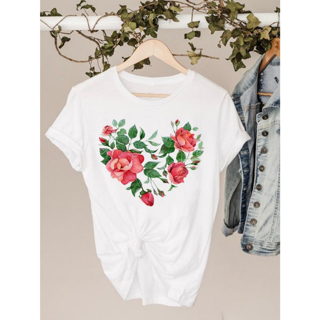 Watercolor Love Heart Sweet Fashion Short Sleeve Print T Shirt Tee Basic Clothing Summer Top Graphic T-shirt Women Clothes