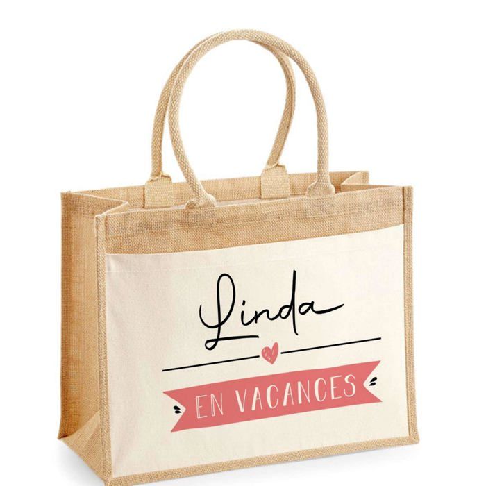 Sac de plage - PLANETEE - Jute avec poche Linda en Vacances - Coton imprimé en France - Grande contenance - Éco-responsable