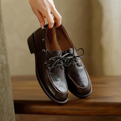 Модные НОВЫЕ Весенне-Осенние Женские Лоферы с Круглым Носком и Массивным Каблуком, Обувь из Натуральной Кожи для Женщин, Женские Туфли на Шнуровке, Обувь Ручной Работы