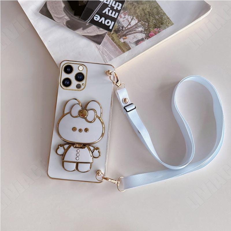Зеркальный чехол с ремешком через плечо с кроликом для iPhone 14 11 12 13 Pro Max Mini 14pro 13mini 8 7 6 6S Plus X Xr Xs Max SE