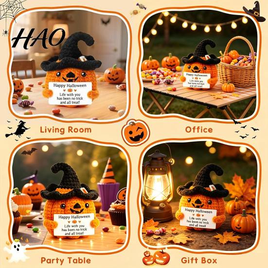 Decorative Pumpkin for Shelves Handmade Crochet Positive with Witch Hat, Fall Boo Basket Stuffer, Cute Halloween Room Decor Mini Knitted Plush