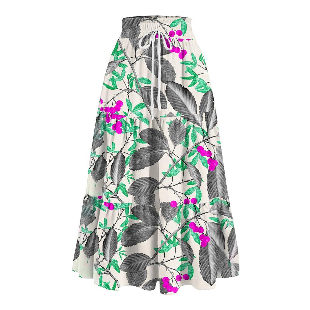 Women's Ruffled Spring Casual Long Skirt Plain Color Skirt Retro Pleated Skirt