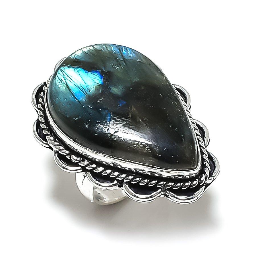Кольцо из стерлингового серебра 925 пробы с натуральным лабрадоритом ручной работы, размер 7 m1j87