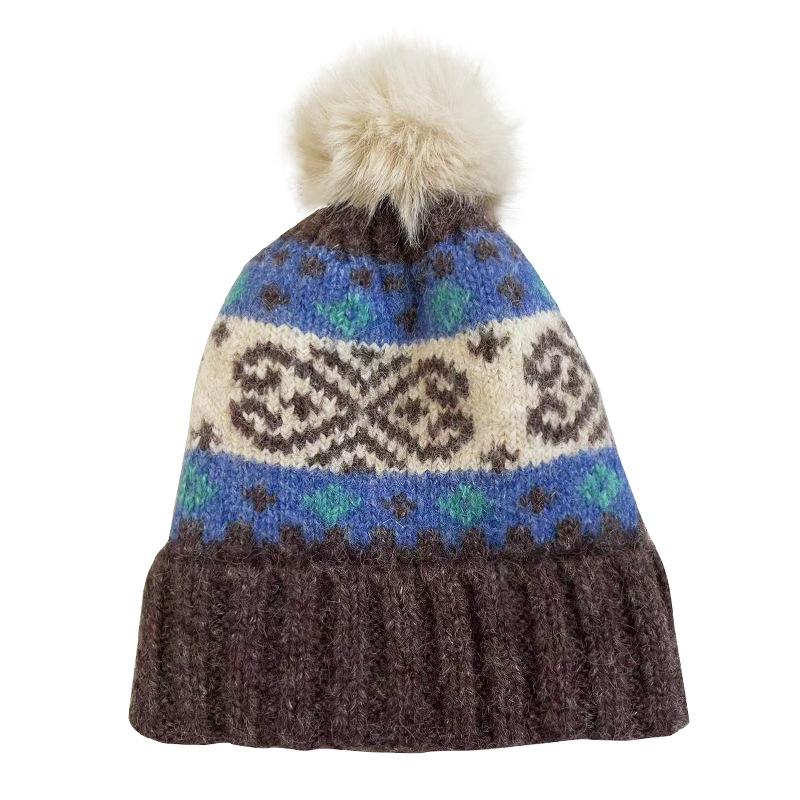 Ретро вязаная шапка с помпоном в стиле Fair Isle от Cat Brother - Тепло для осени/зимы