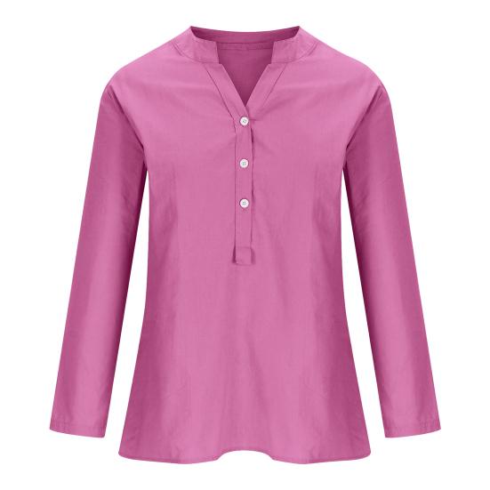 Women Casual Shirt V-Neck Buttons Half Placket Long Sleeve Blouse Solid Color Loose Fit Tunic Tops Office Lady Shirt