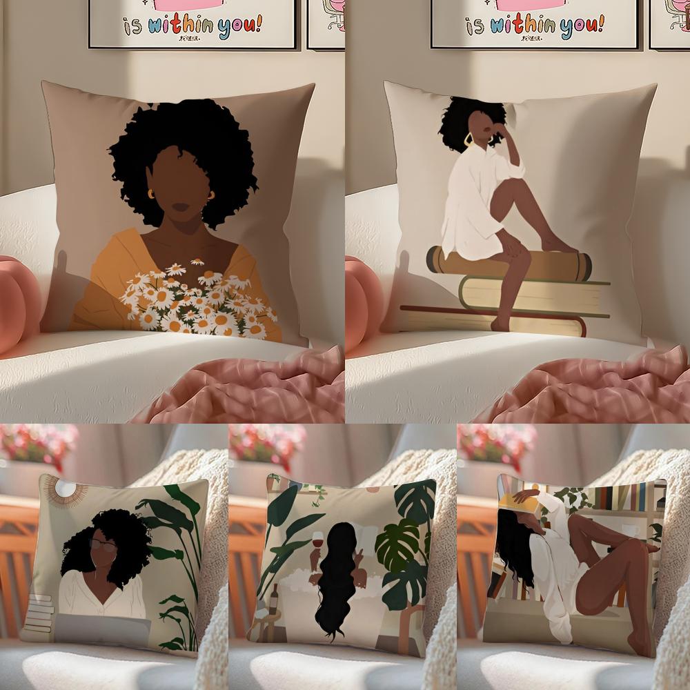 Beautiful Empowering Black Woman Art Anime Cushion Cover Linen Pillowcase Cover Soft Decor for Sofa Home Room
