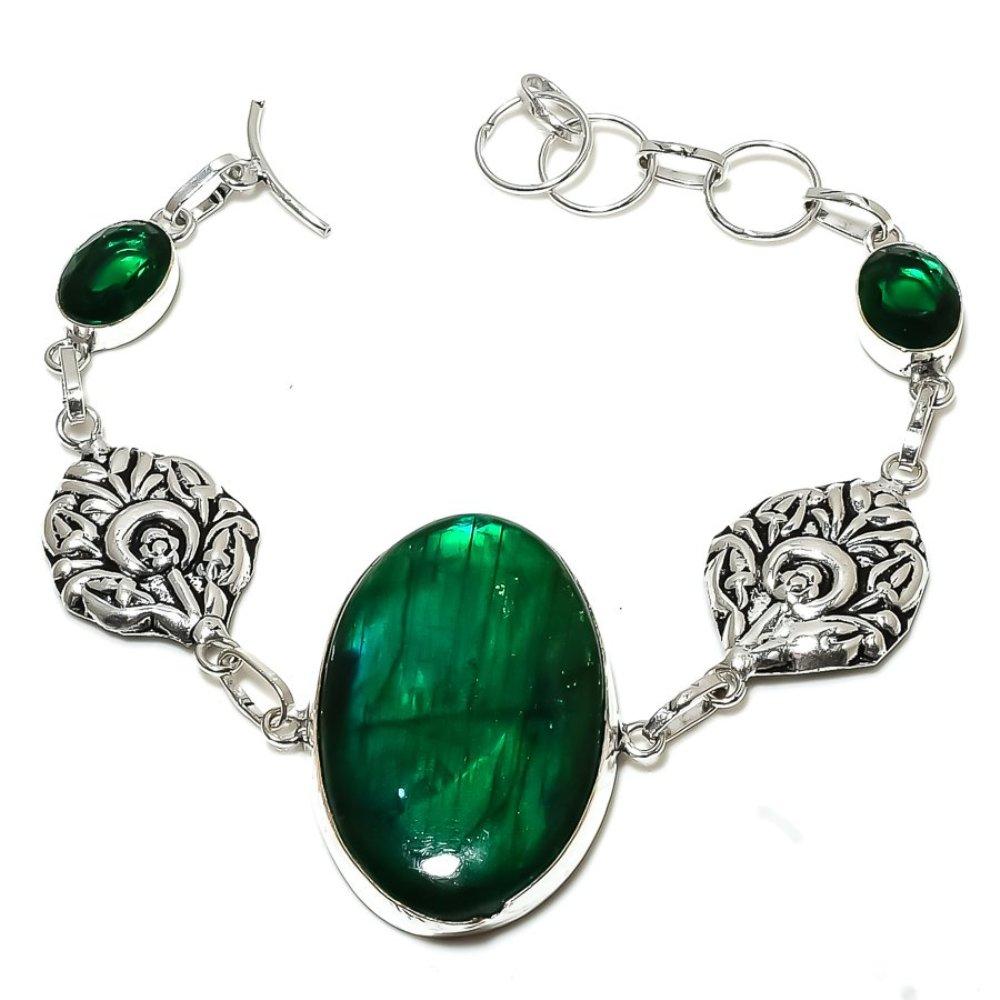 Натуральный зеленый лабрадорит, диопсид, браслет из стерлингового серебра 925 пробы, 7–8 дюймов, i7p45