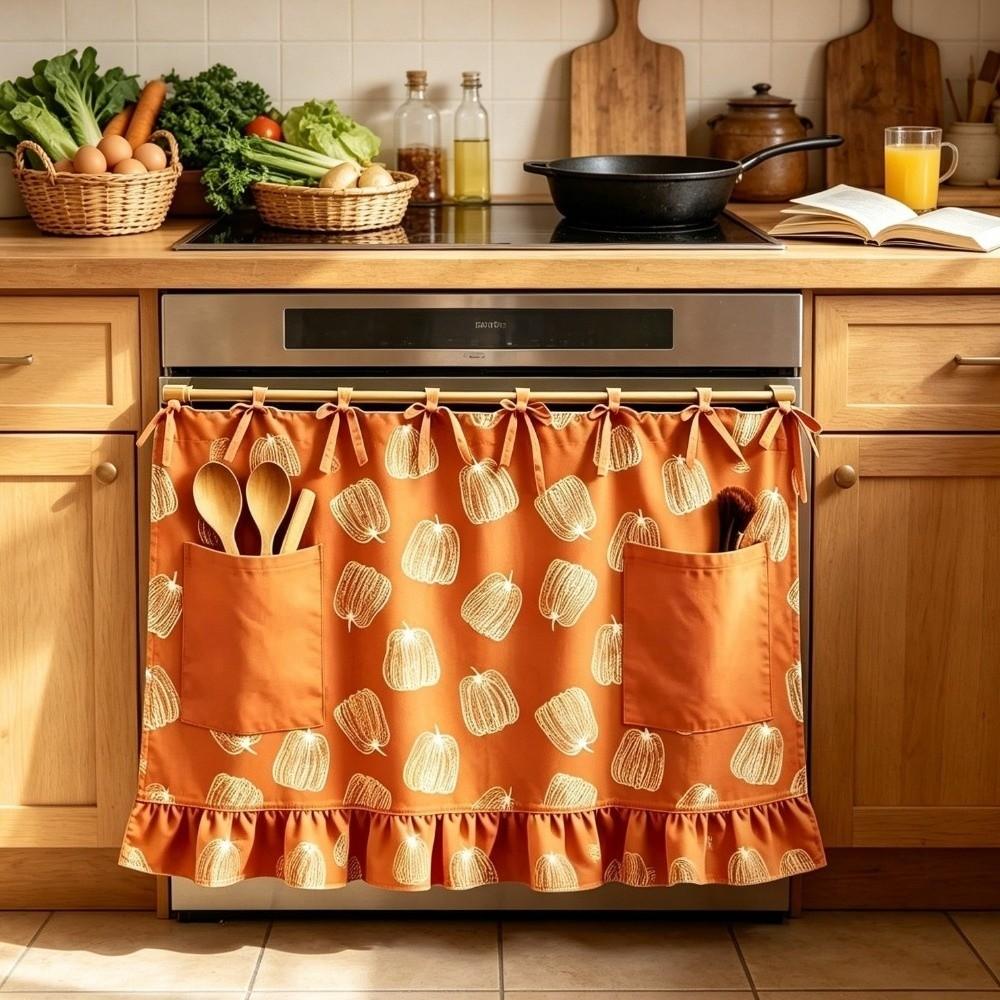 Pastoral Style Oven Skirt Curtain with Pocket Tie Top Stove Cover Hidden Curtain Open Vanity