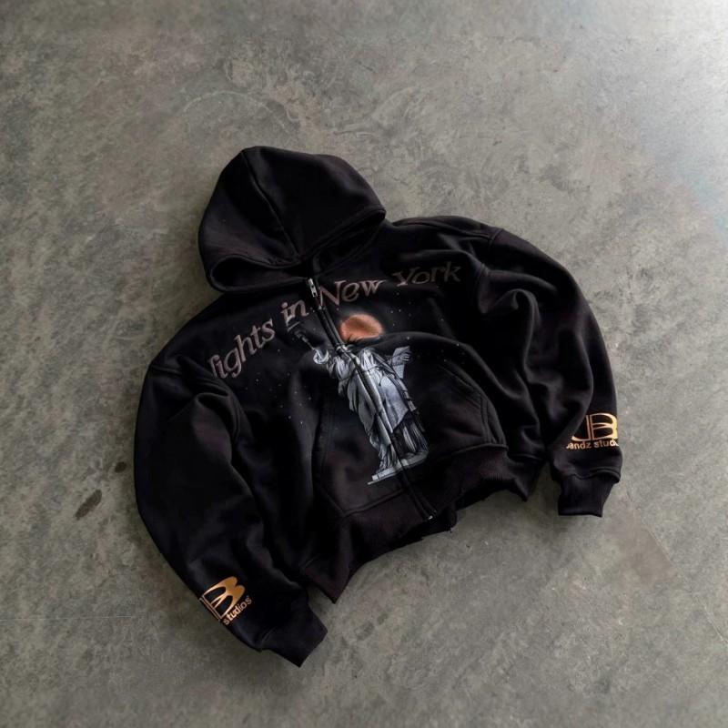 Unisex Oversized Streetwear Hoodie Black Abstract Digital Print Loose Fit Casual Pullover Men Women