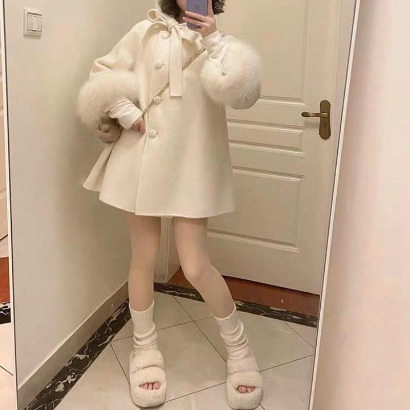 Autumn and Winter Woolen Coat Women's High-end Bow Furry Sleeves Loose Thickened Sweet Mid-length Coat