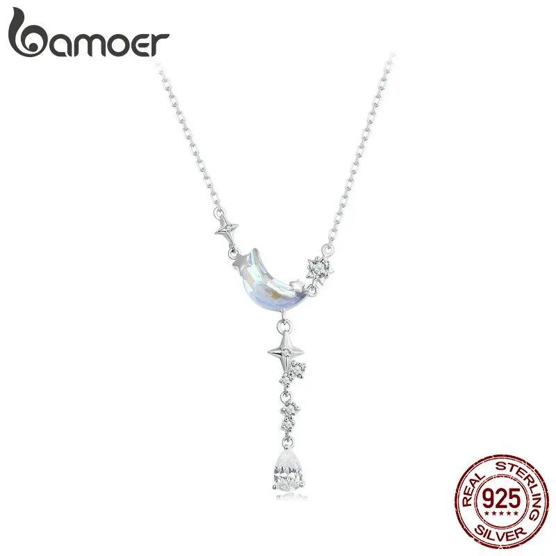 Ювелирные изделия BAMOER из стерлингового серебра 925 пробы, ожерелье с подвеской в виде полумесяца и звезды для женщин и девочек-подростков, модное ожерелье с CZ