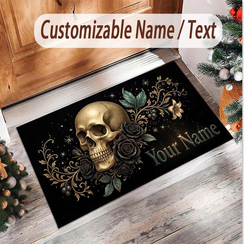 Skull Gothic Theme Soft Crystal Velvet Rug Custom Name & Text Print Non Slip Floor Rug for Bedroom Living Room