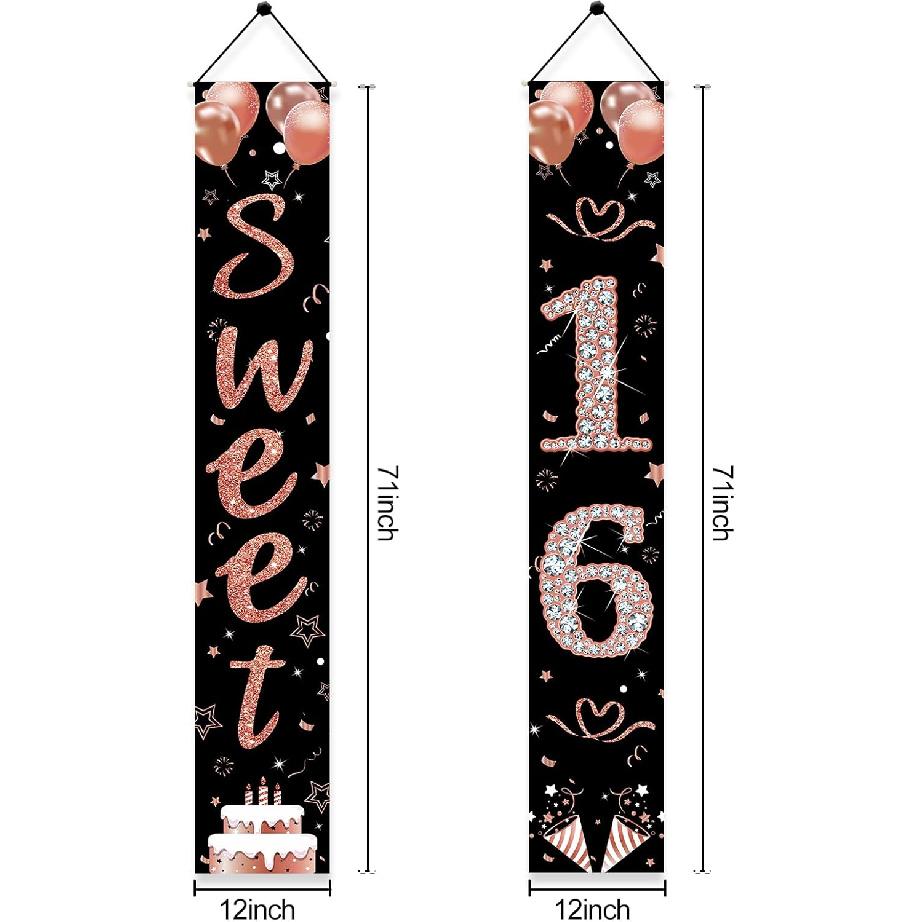 Sweet 16 Party Decorations, Black Rose Gold Happy 16th Birthday Decorations for Girls Sixteen Year Old Birthday Door Banner Porch Sign Party Supplies