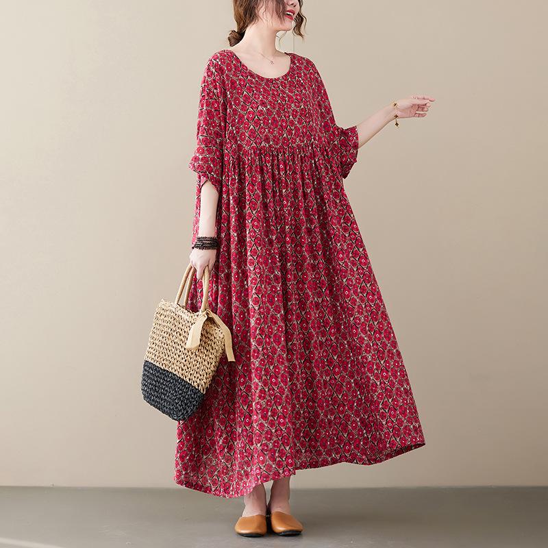 Johnature Женское платье с коротким рукавом и принтом, весна-лето, повседневное винтажное свободное платье с круглым вырезом, женские красные платья