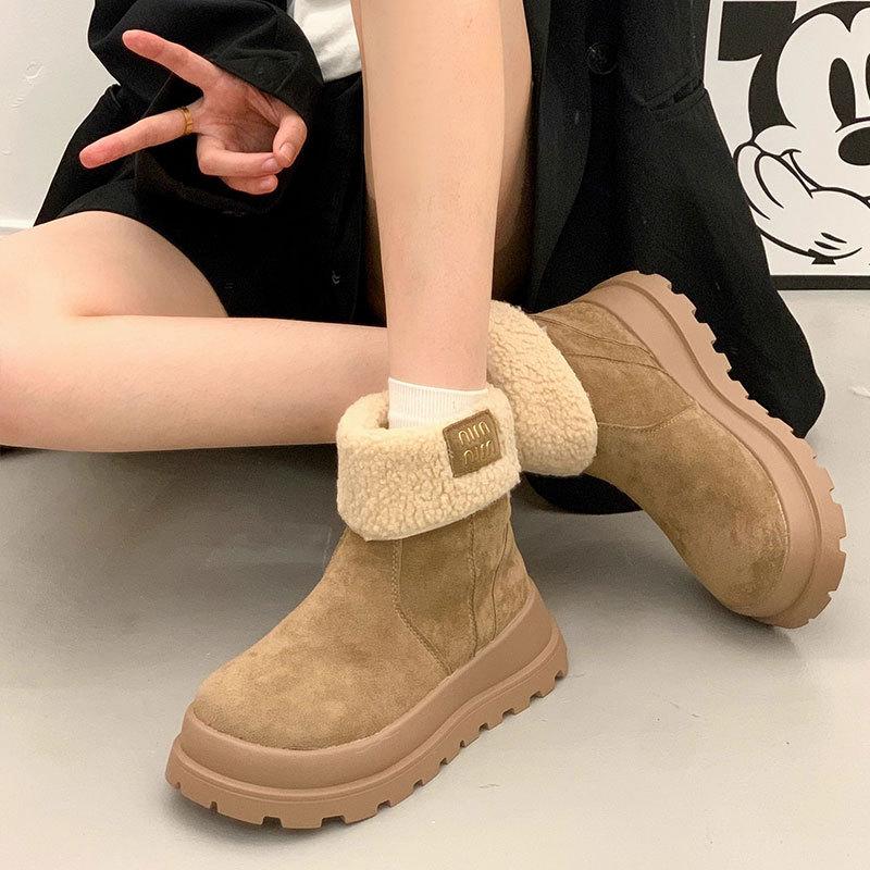 Real Fur Integrated Snow Boots Women's Winter New Thick-soled Heightened Velvet Warm One-pedal Cotton Shoes
