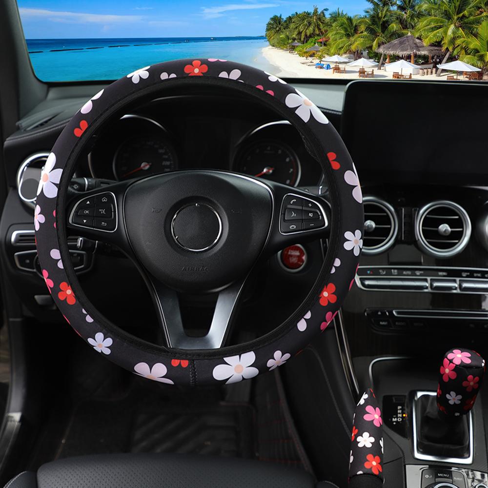 3 шт. Тканевый чехол на руль с рисунком «шахматная клетка», «цветок», «паутина», для автомобиля, без внутреннего кольца, чехол на ручник, накладка на ручку