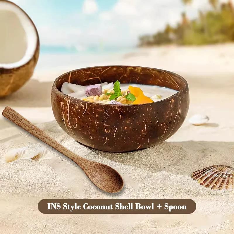 Natural Coconut Bowl Wooden Handmade Coconut Bowl Dinnerware Set Handmade Spoon for Desserts Fruit Salad Kitchen Utensils