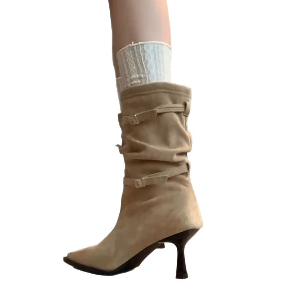 Pointed High-heeled Short Boots Women's 2025 New Autumn Retro Pleated Piled Boots Thin Heels Western Thin Boots