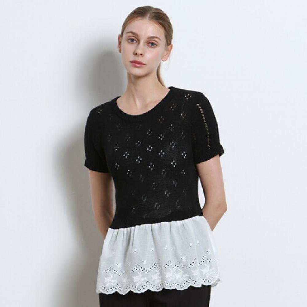 Ozoc Woven Cut Round Neck Scallop Short Sleeve Sweater