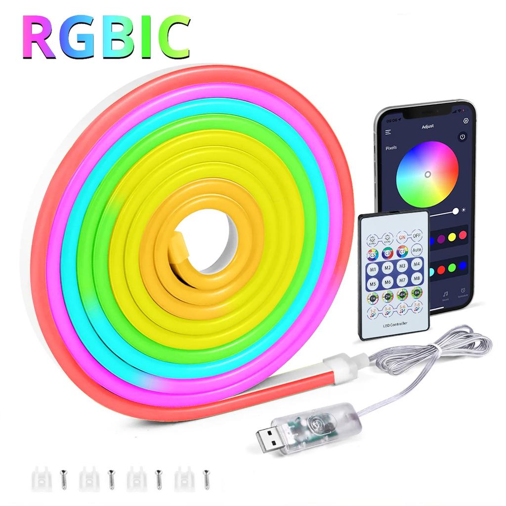 5V Dream Color RGBIC Неоновая светодиодная лента Питание от USB Bluetooth ПРИЛОЖЕНИЕ Синхронизация с музыкой Световой шнур для вечеринки, Рождества, Спальни, Атмосферная лампа