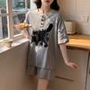 Summer Cute Cartoon Cat Print Women's Pajamas Set O-Neck T Shirt & Shorts Sleepwear 2 Pieces Sets Pajama for Girl Youth Homewear