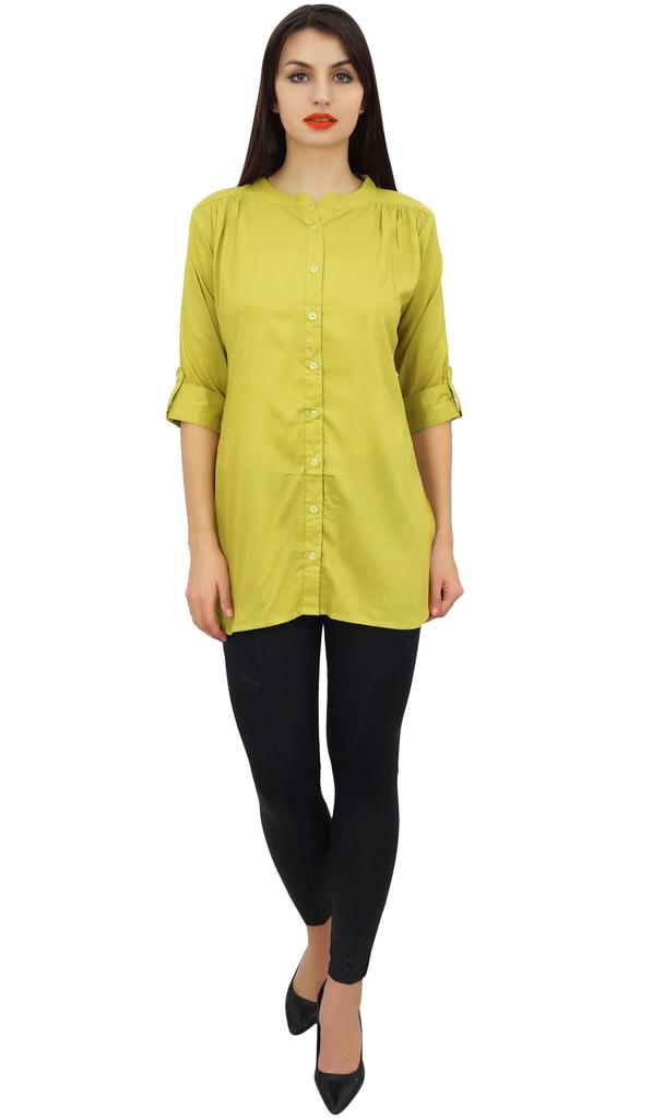 Phagun Women's Summer Yellow Cotton Modal Tunic Shirt Top With Front Opening-