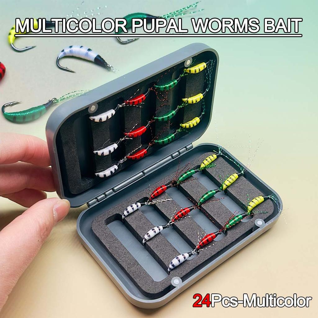 24Pcs-Set Fly Fishing Flies Nymph Lures Dry Flies Pupal Worms Multicolor Bait-Size #6 For Trout/Perch/Carp