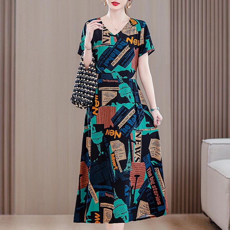 Длинное платье с винтажным принтом для женщин, повседневное летнее платье больших размеров с коротким рукавом и поясом, одежда для женщин среднего возраста