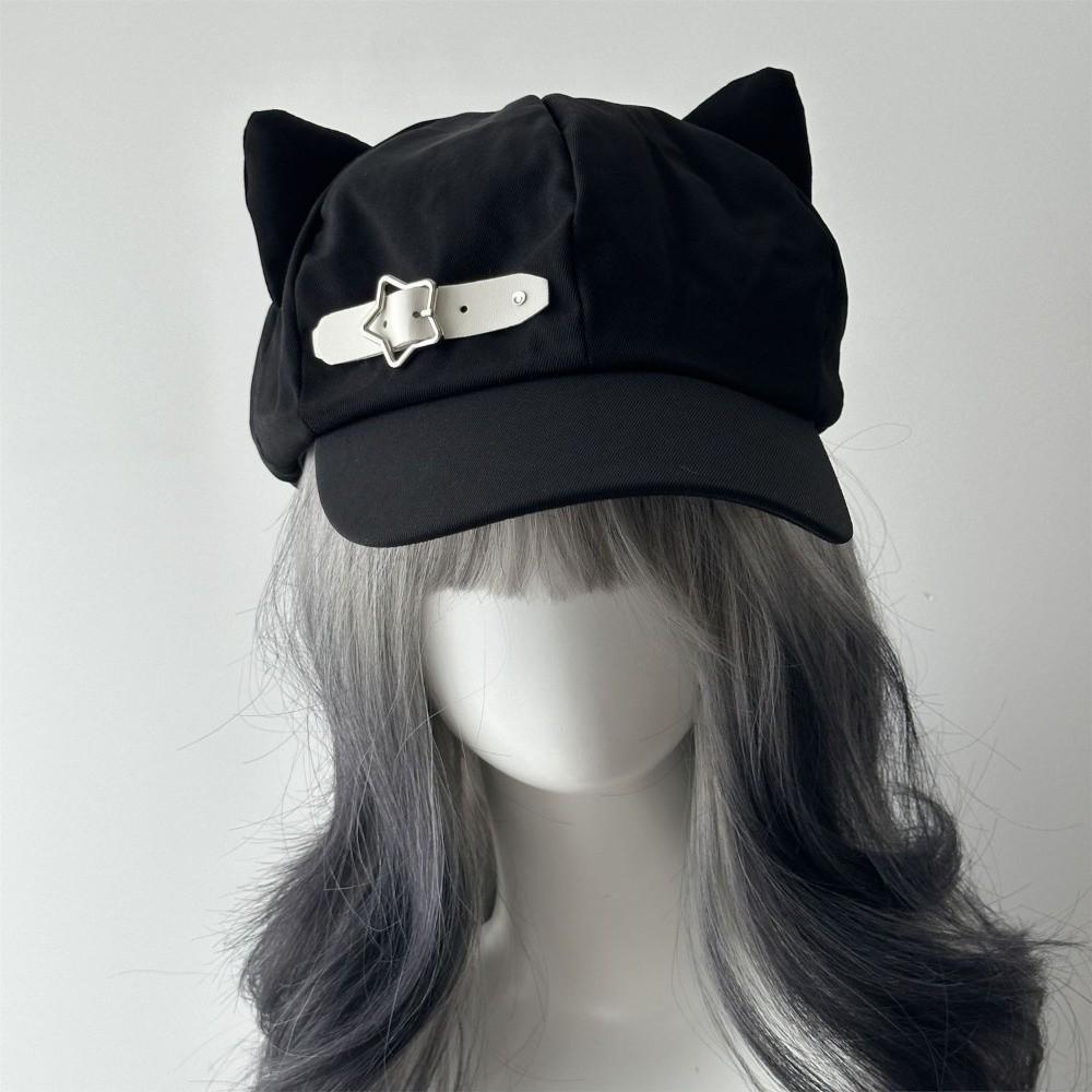 Black Newsboy Cap Gothic Octagonal Hat Casual Cat Ears Beret Women