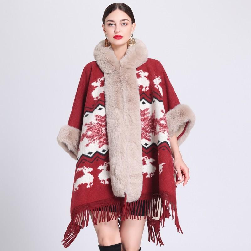 Женский oversized клетчатый вязаный кейп-шаль с флисовой подкладкой и меховой отделкой, с капюшоном, зимний накидной плащ
