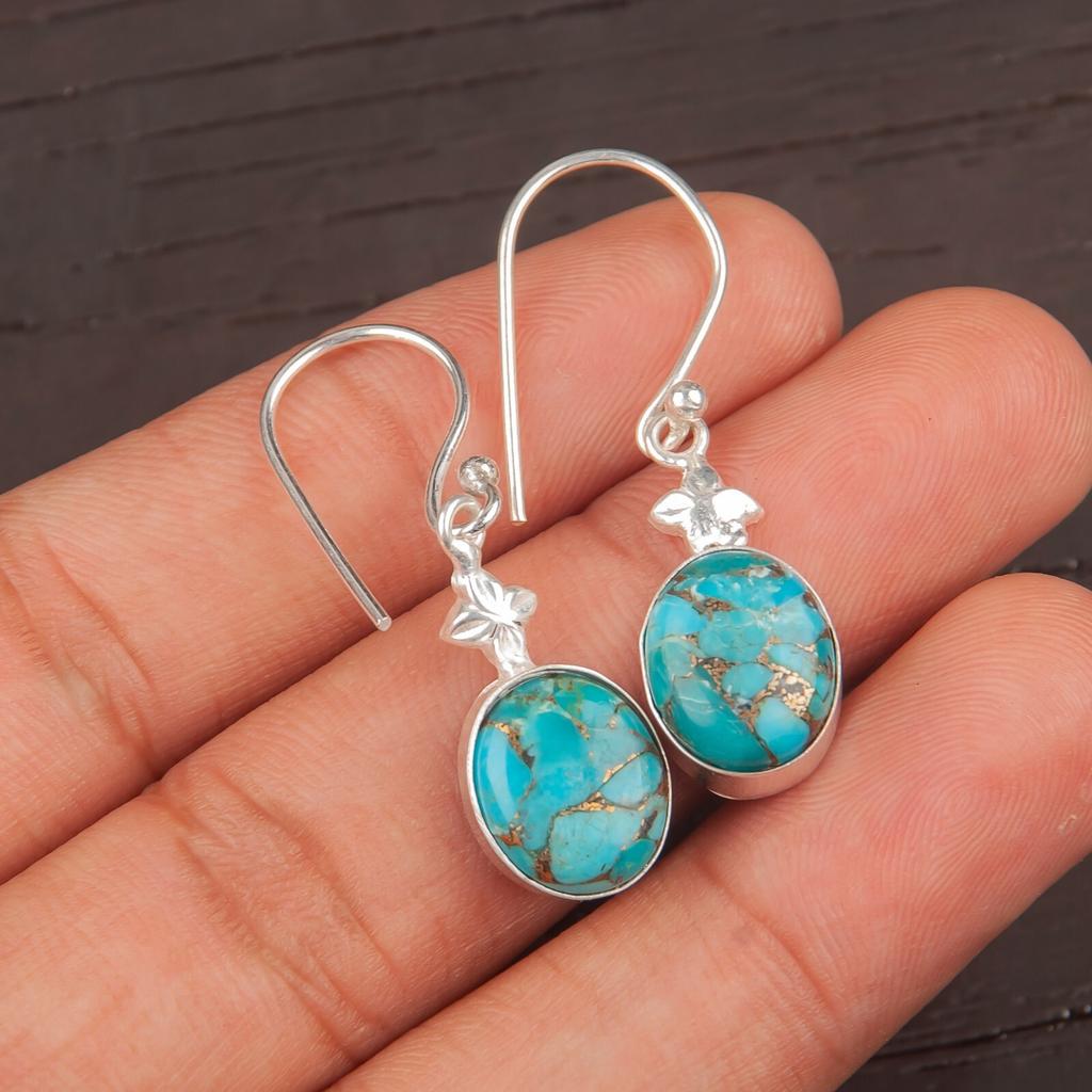 Blue Copper Turquoise Gemstone 925 Sterling Silver Pretty Jewelry Earrings Gift EE-6-36
