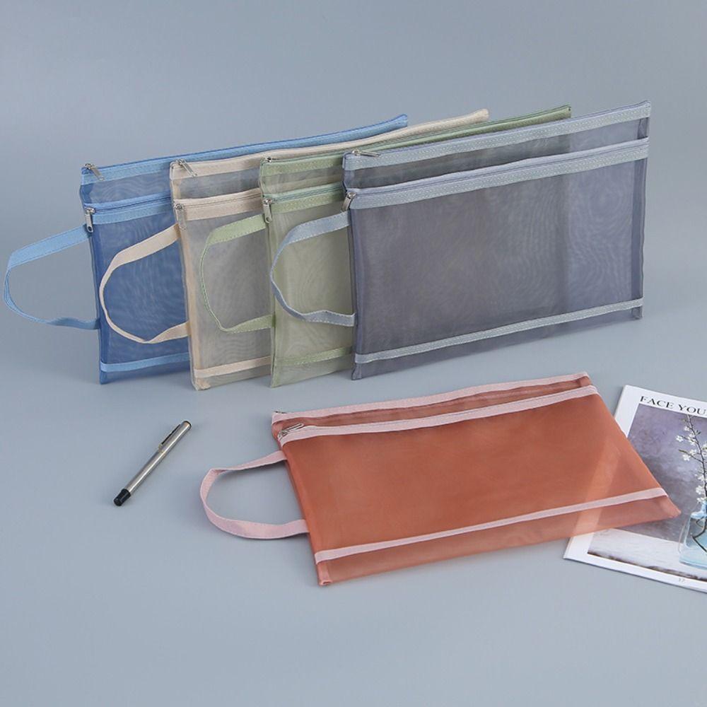 Simple Mesh Zipper Pouch Subject ID Card Storage Handbag Stationery Organizer Pouch Student Gift