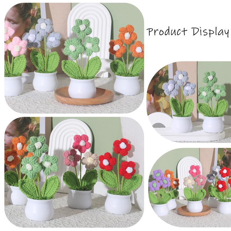 Вязаное вручную шерстяное маленькое растение в горшке с тремя цветами, украшение для рабочего стола, подарок