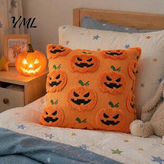 Holiday Throw Pillow Covers Ghost Pumpkin Cushion Cover, Halloween Cute Cozy Bedroom Cover Embroidered Case, Soft Plush Pillowcase for Couch Sofa Gift
