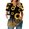 Women's Pleated V-neck Short Sleeved Sunflower Print T-shirt Business Casual Shirt