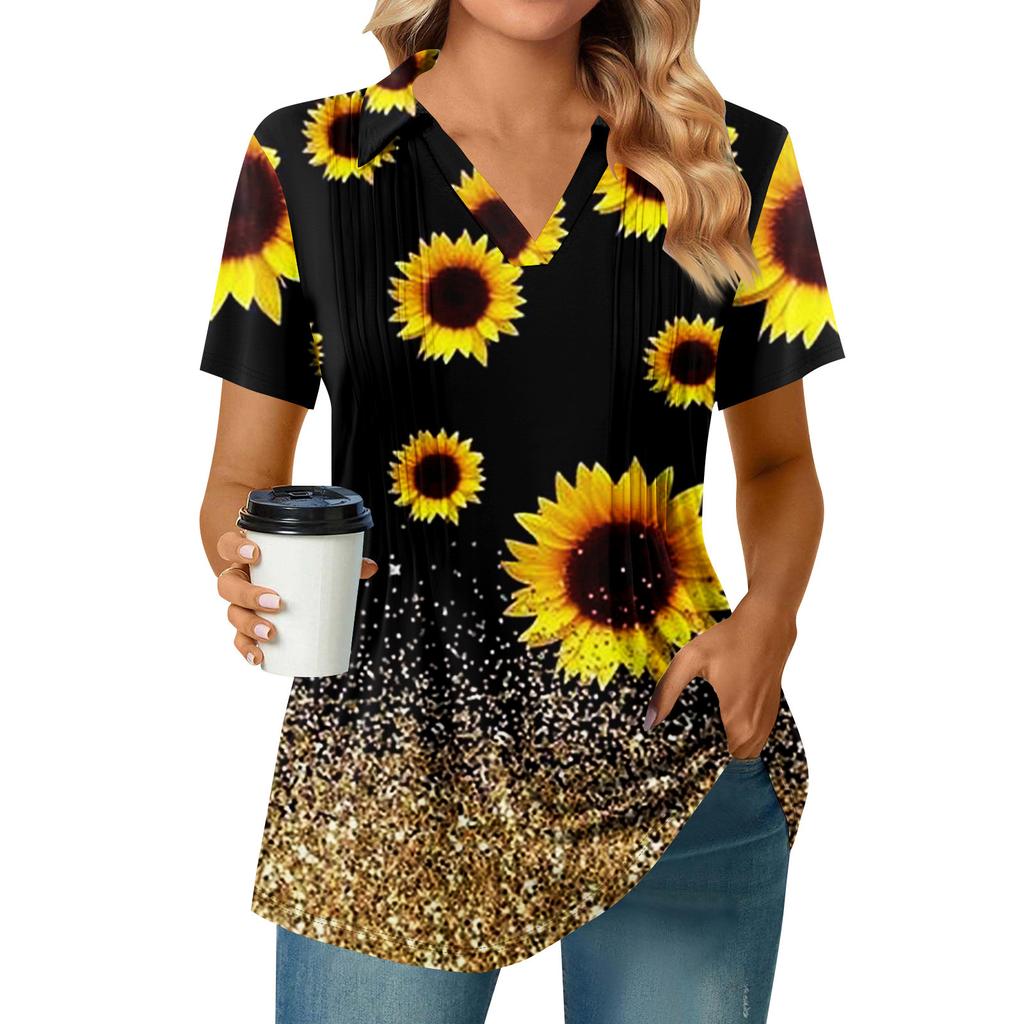 Women's Pleated V-neck Short Sleeved Sunflower Print T-shirt Business Casual Shirt