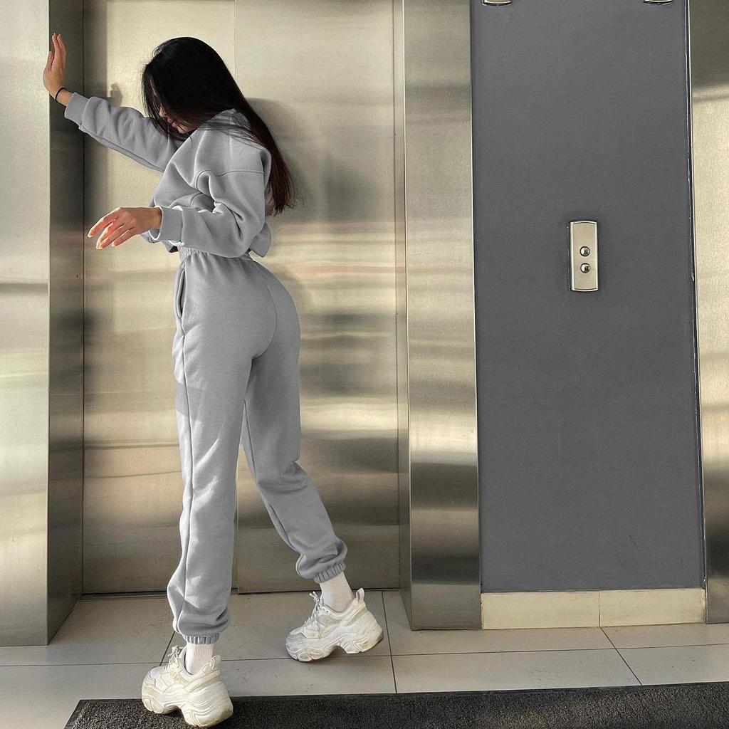 Женский однотонный костюм с длинным рукавом и круглым вырезом, осенне-зимний свободный верх, широкие брюки