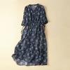 Linen Dress V Neck A-Line Lightweight Chic Women Retro Floral Print Midi Basic Dress Female Clothing