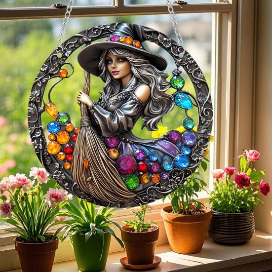 Halloween Witch Black Cat Hanging Sign 2D Flat Acrylic Broom